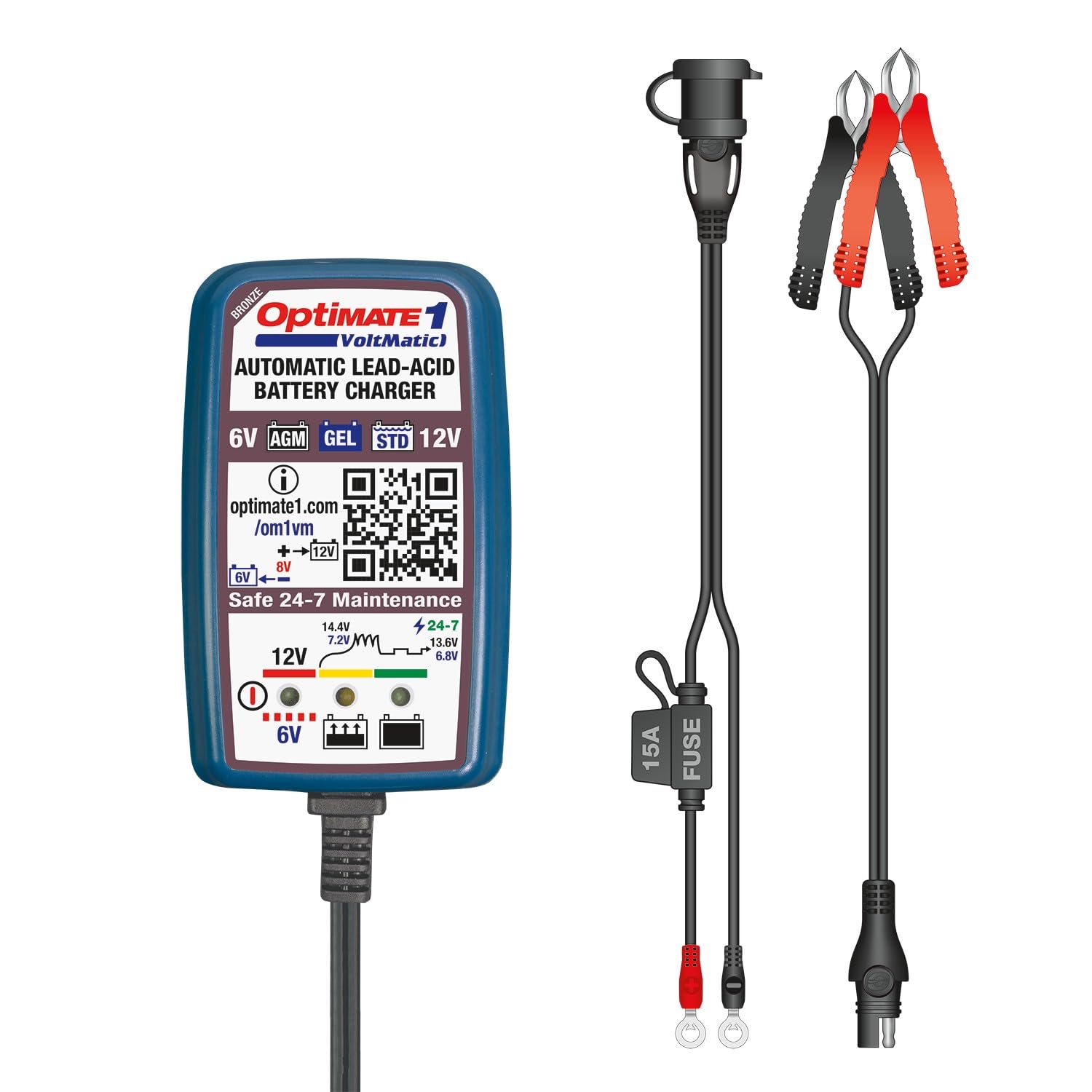 Optimate 1 VoltMatic Chargeur et Mainteneur de Batterie 6V/12V – Automatique à 4 Étapes (0.6A) – pour Batteries au Plomb 6V & 12V (STD. AGM. Gel) – Intelligent et Sûr