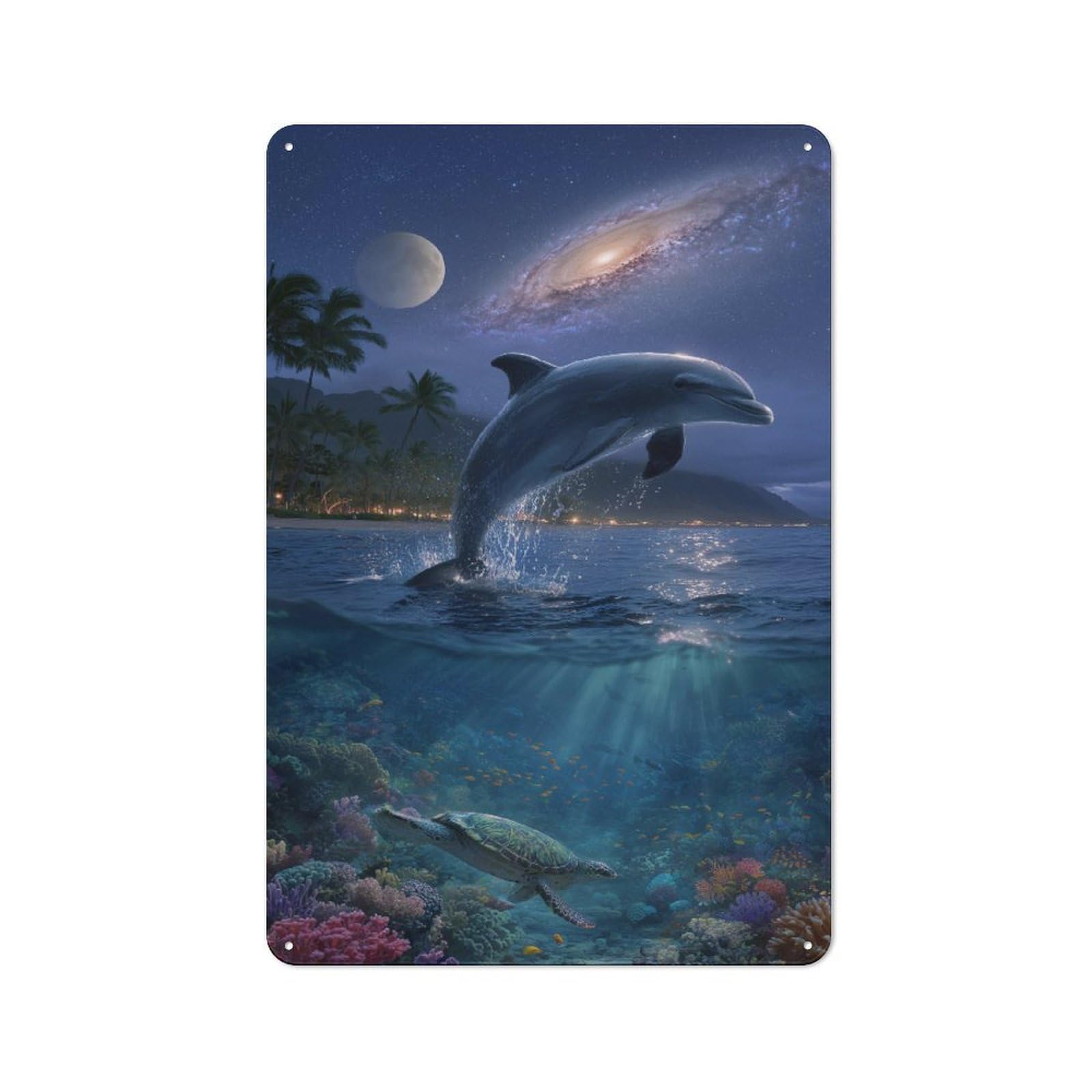 Junmoney Dolphin Leaps Into Cosmic Coral Paradise Printed Metal Sign 30X20cm For Hobby Room Or Studio, Gift Idea At Christmas For Creative Interior Collectors