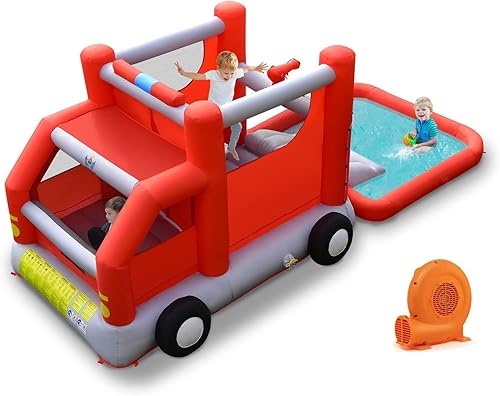 Casa inflable de rebote para niños al aire libre, camión de bomberos para niños, parque acuático, casa de juegos animada para niños saltando al aire