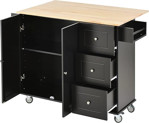 Miniatura 9 de Carrito de isla de cocina rodante con hoja caída, carrito de cocina móvil con ruedas con parte superior de madera maciza, estante para especias,