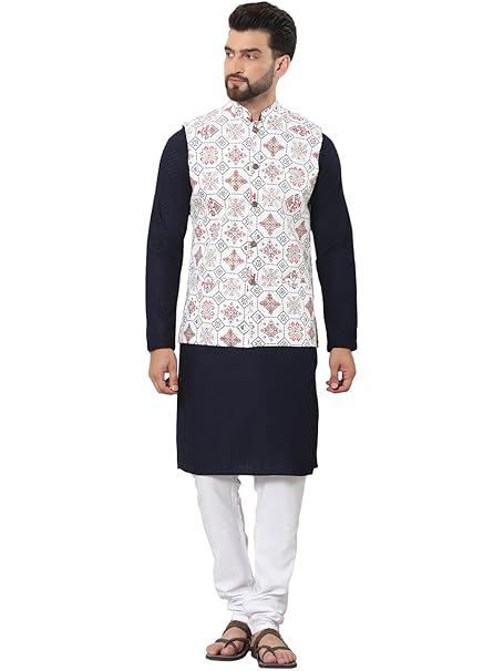 SOJANYA (Since 1958 Men's Cotton Linen Maroon Kurta and White Pyjama with Mustard Cotton Nehru Jacket