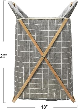 Household Essentials Grid Print Bamboo X-Frame Hamper with Cotton Liner, Gray