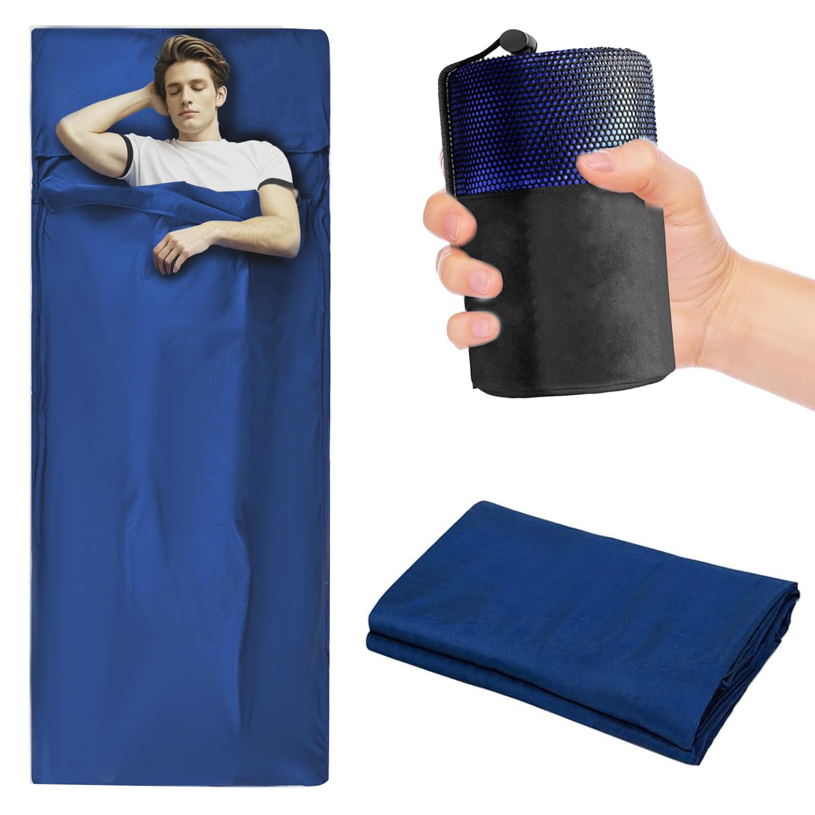 Sac de couchage 2 en 1 en coton ultra léger - 220 x 90 cm - Avec fermeture éclair - Sac de couchage de refuge - En microfibre - Avec compartiment pour coussin - Pour le camping, la randonnée