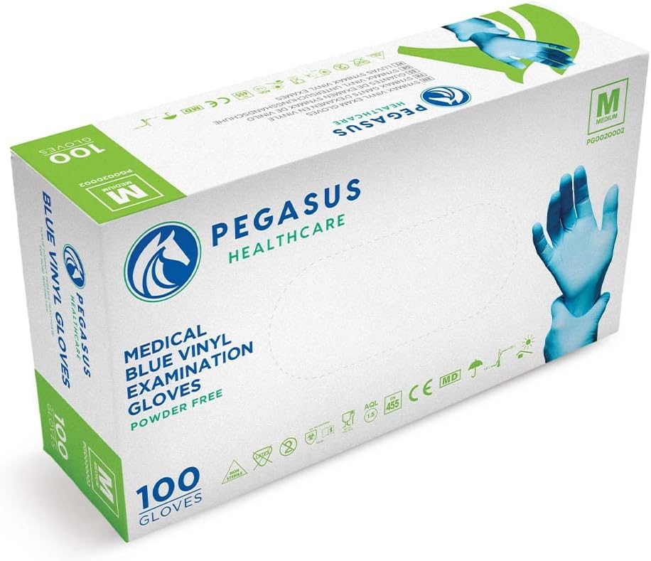 Pegasus Healthcare Blue Disposable Vinyl Medical Examination Gloves Powder & Latex Free (Medium)