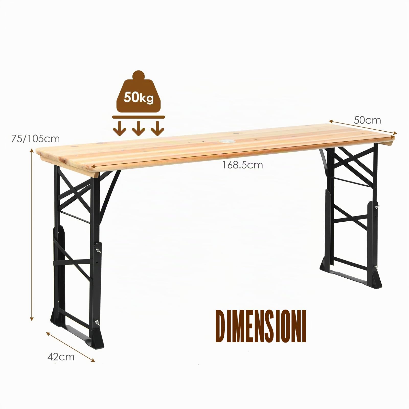 KOMFOTTEU Tavolo da birra da esterno, regolabile in altezza da 75 cm a 105 cm, tavolo da bar da giardino pieghevole, tavolo da picnic con foro per ombrellone, 168,5 x 50 cm (lunghezza x larghezza),