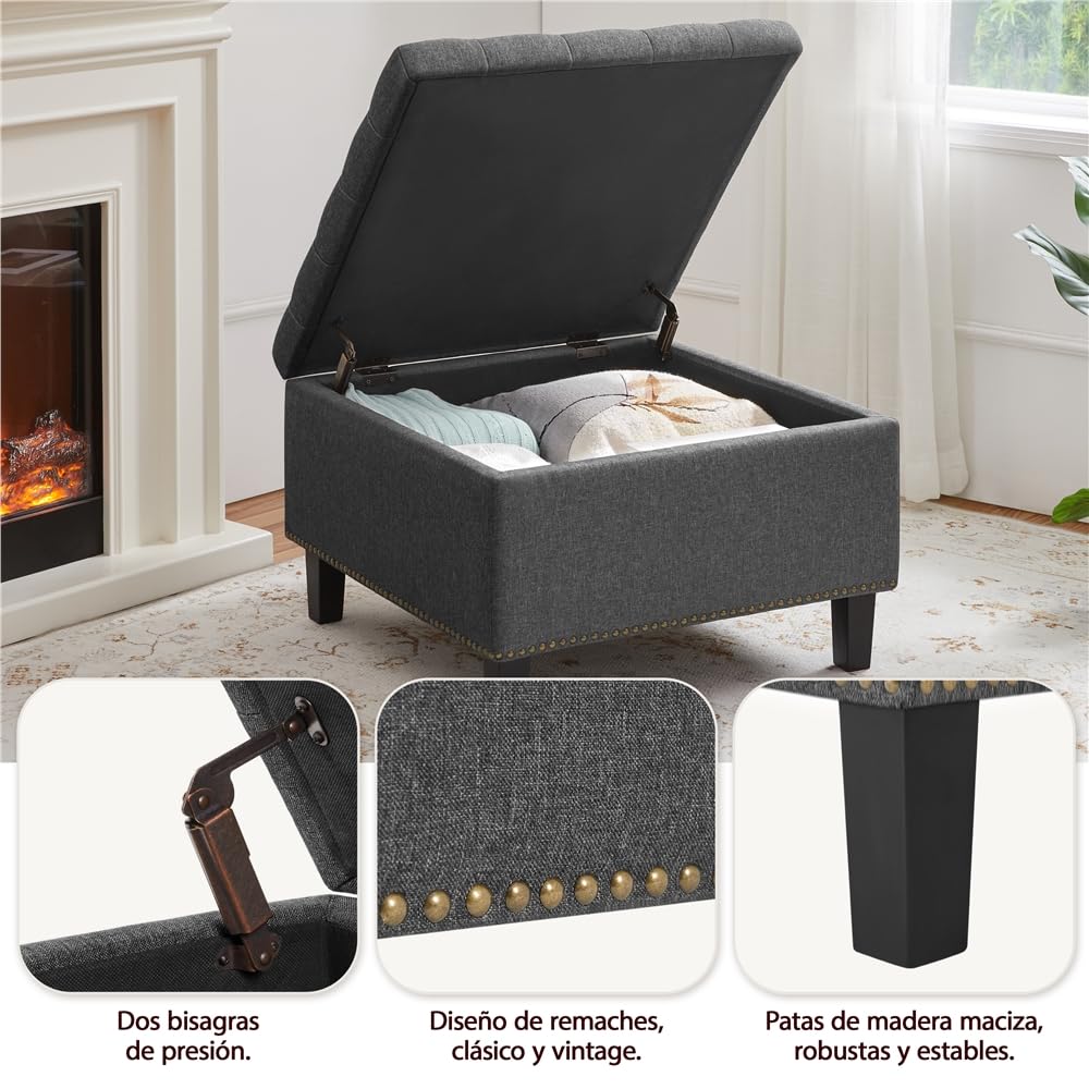 Yaheetech Banco Almacenaje Otomana Puff de Dormitorio Sala de Estar Gris | Banco de Pie, Entrada con Almacenamiento, 70X70X45 cm, Banco con Pata Madera