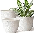 Giraffe Creation 12/10/9 Set of 3 Speckled White Plant Pots, Modern Indoor & Outdoor Planters with Drainage Holes and Saucers