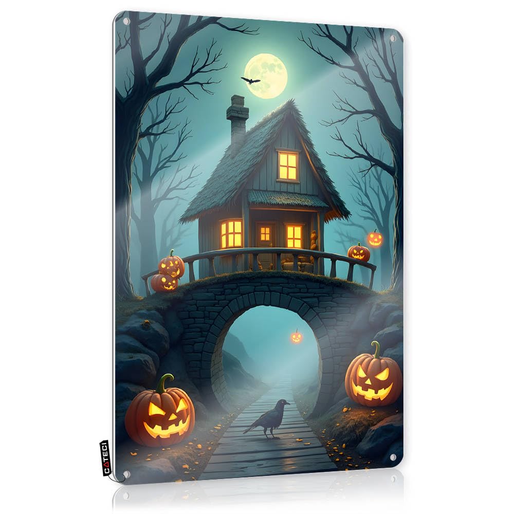 Fzfn Boys Colour Halloween Cottage With Jack-O'-Lanterns And Full Moon Van Inappropriate - Art Decor Vintage Wall Art(30X40cm)