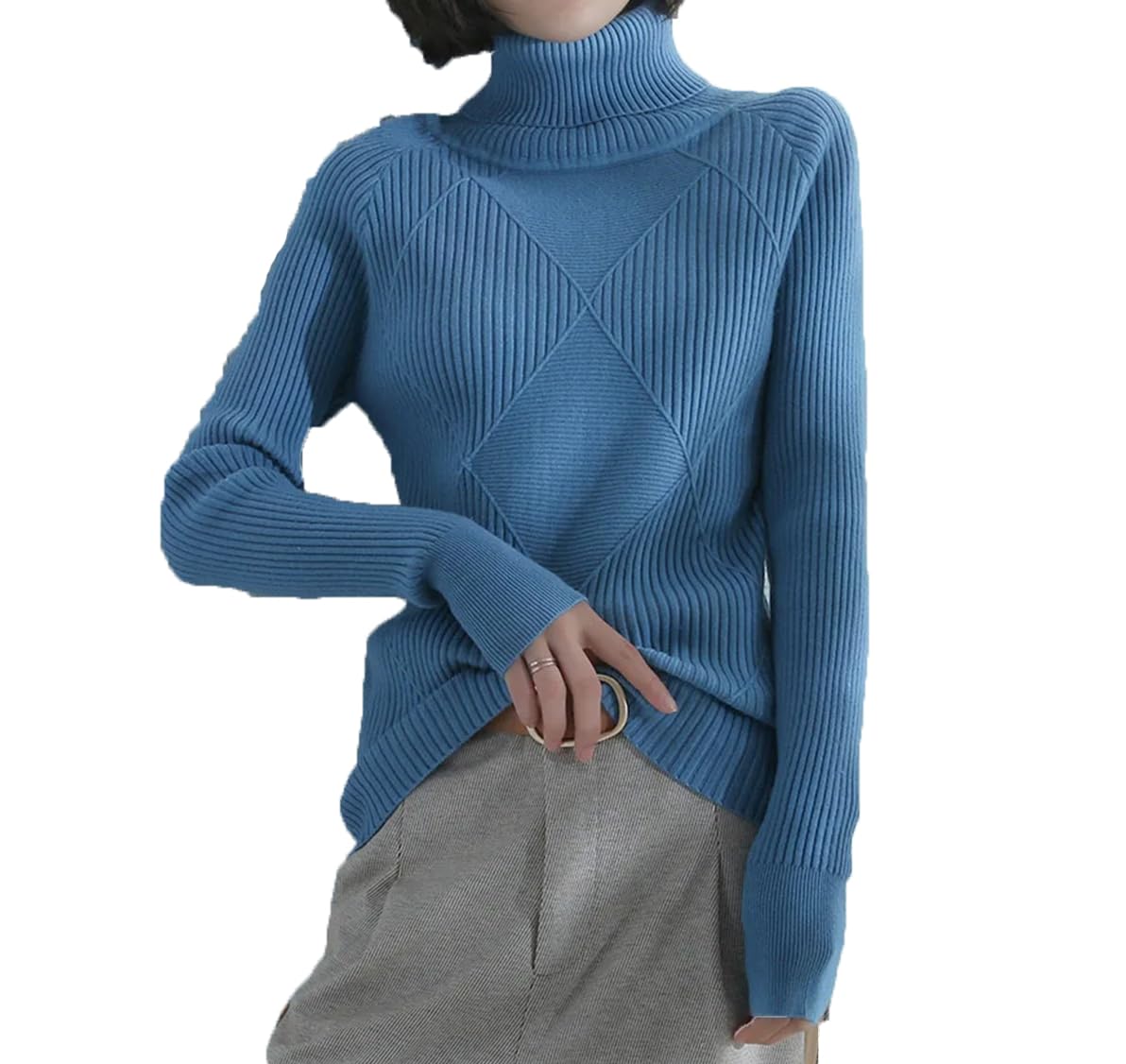 Maglione da donna a collo alto lavorato a maglia, tinta unita, casual, a maniche lunghe