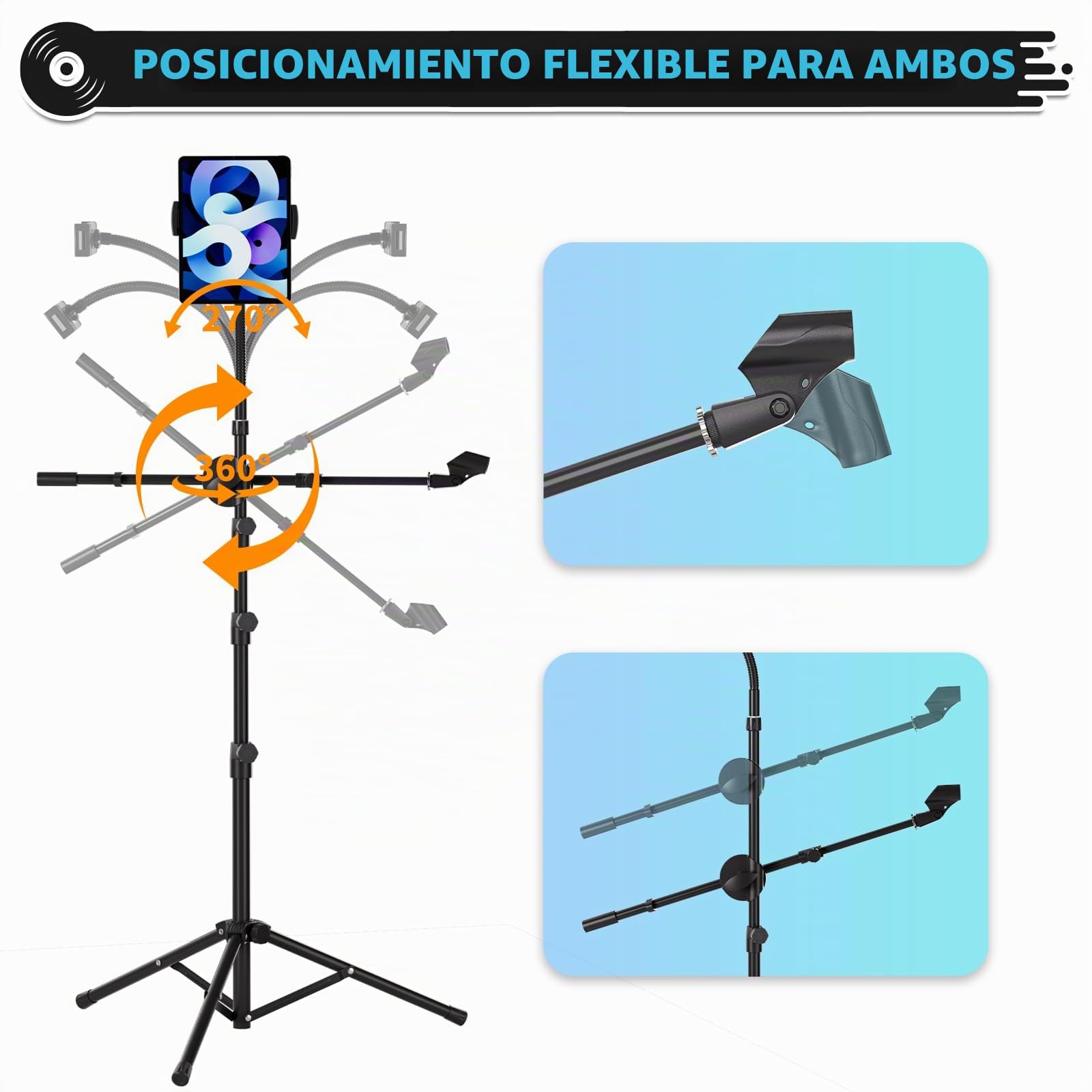 K KASONIC Soporte de Micrófono con Portatabletas, Soporte de Micrófono de Trípode Ajustable con Brazo para Actuaciones, Soporte de Micrófonos de Pie para Canto, Actividades al Aire Libre