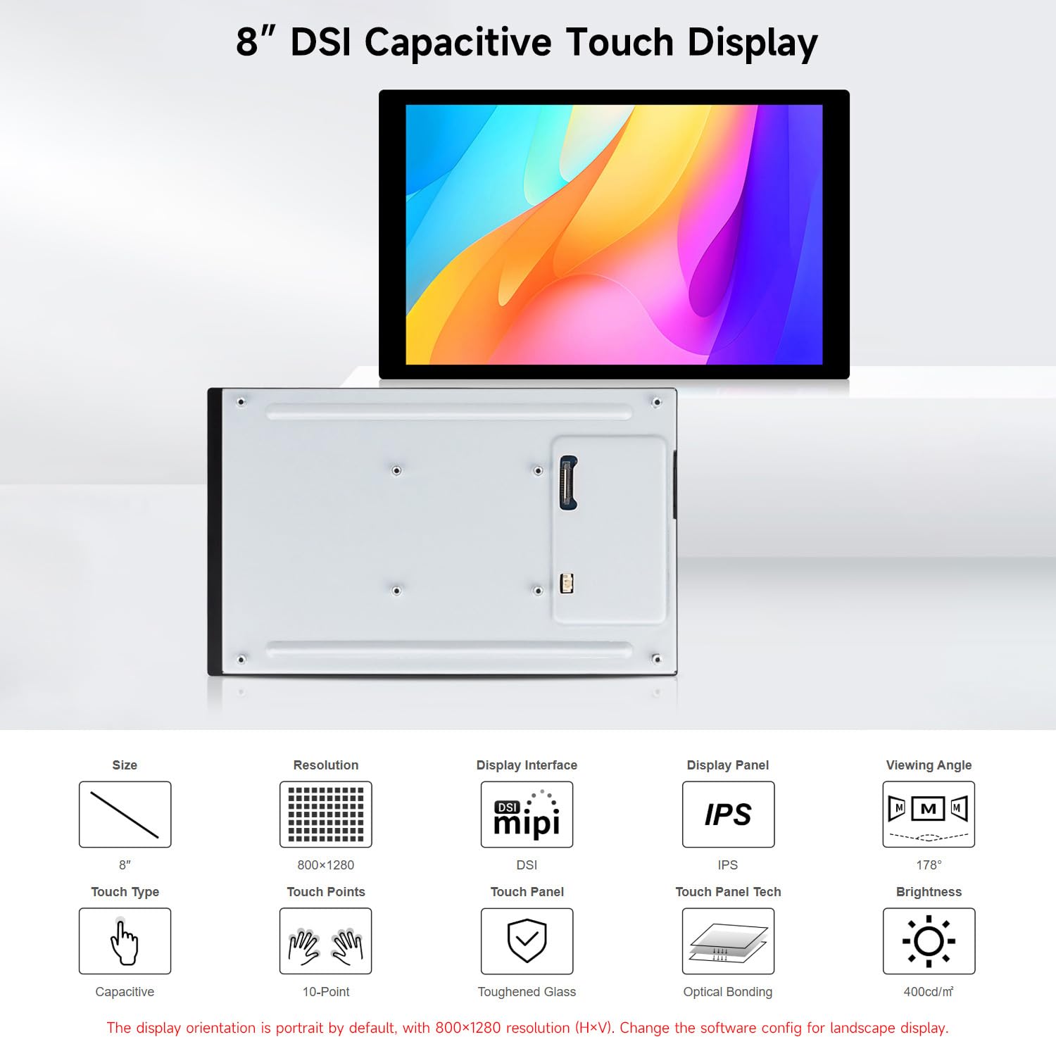 Waveshare 8inch DSI Capacitive Touch Display, Compatible with Raspberry Pi 5/4B/3B/CM3/3+/4, 800x1280, IPS Panel, Optical Bonding Toughened Glass Panel, 10-Point Touch