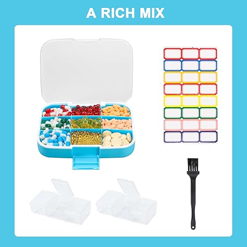 Miniatura 8 de Organizador de píldoras grande, organizador de píldoras de 9 compartimentos con 2 pastilleros adicionales y cepillo para almacenar medicamentos