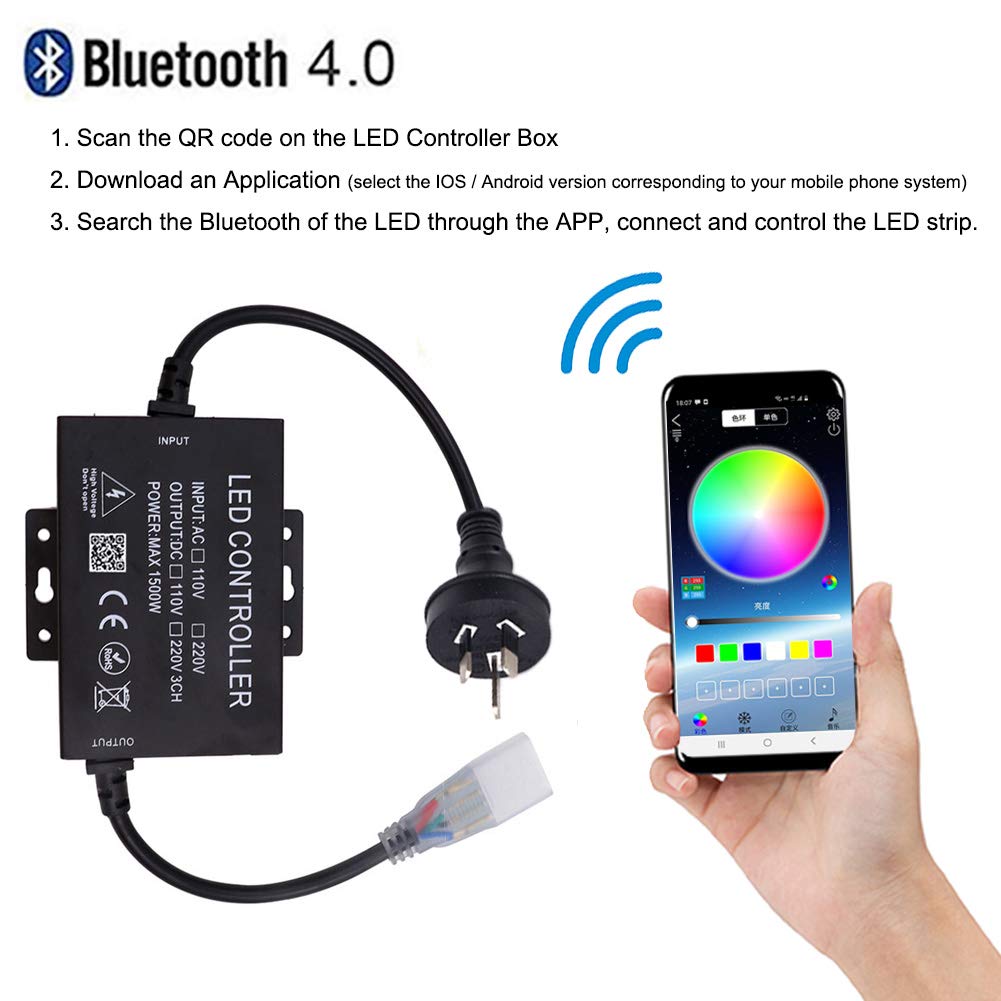 Kit de tira LED inteligente de sincronización de música y control Bluetooth, 100 m SMD 5050 RGB 120 LEDs/m de cuerda de luces + control remoto regulable, IP65 impermeable para decoración comercial en