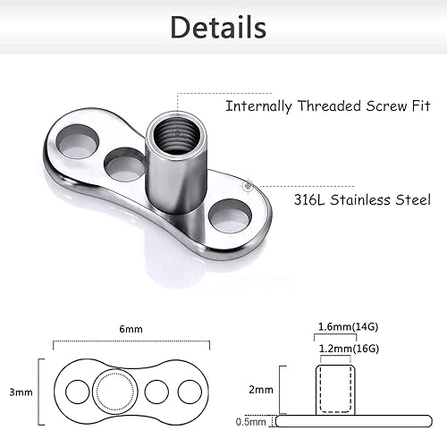Miniatura 3 de PunkTracker Piercing dérmico de ópalo de acero inoxidable 316L para piercings dérmicos con rosca interna, kit de piercing dérmico
