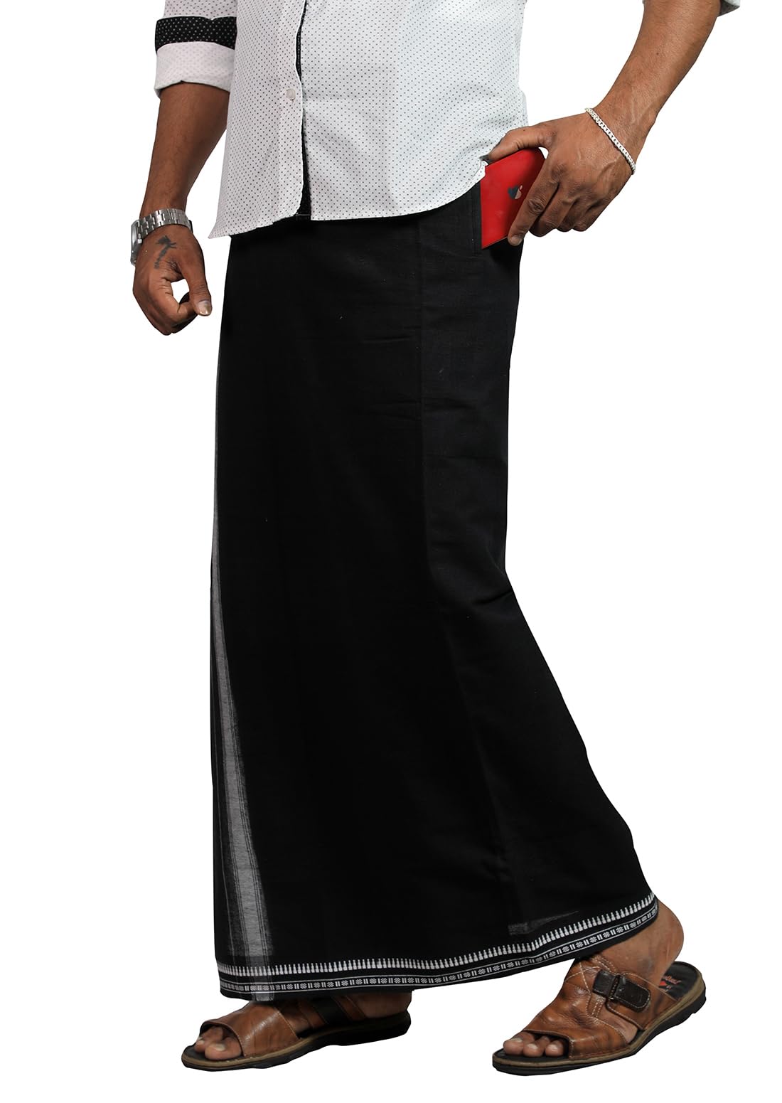 PRAKASAM COTTON Men Cotton Kerala Thalapathi Border Flexi Size (Adjustable) Welcro Pocket Single Dhoti -Black Colour