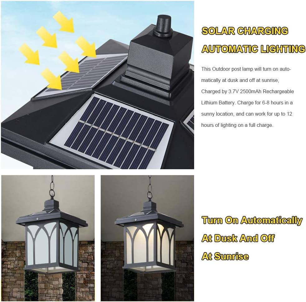 Solar Outdoor Pendant Light,Remote Control Dusk to Dawn Glass Solar Hanging Lights Waterproof Solar Powered Lantern Ceiling Light Fixtures Outside Chandelier For Porch,Garden,Farmhouse (B)