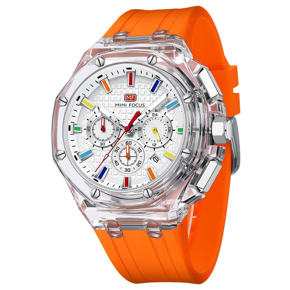 MINI Focus Men Watches,Multifunction Transparent Analog Display Silicone Strap Calendar Quartz Waterproof Trend Wrist Watches for Men