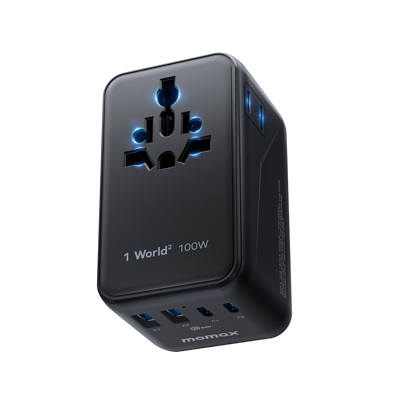 MOMAX Adaptador Enchufe Universal, 100W GAN Enchufe Universal con 2 USB C y 2 USB A, Adaptador Universal Enchufe Viaje, Adaptador de Viaje para Inglaterra, EE. UU., Japón, Tailandia y Australia