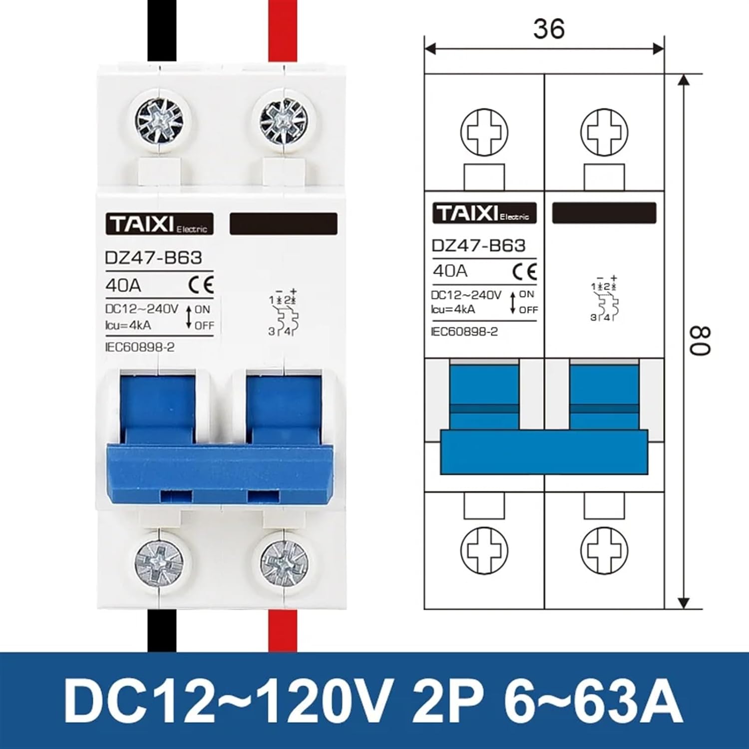DC 12V 24V 48V 36V 72V MCB Car Protector Mini Circuit Breaker DZ47 Positive and Negative Pole Protection Switch Isolator(1P-1P,DC 32A)