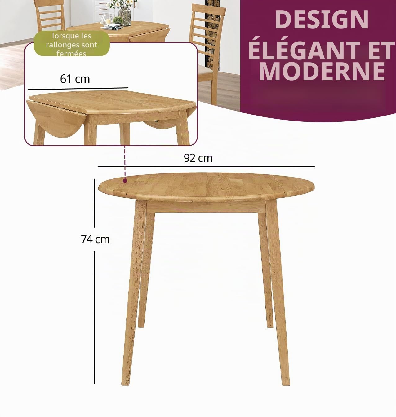 Hallowood Furniture Ledbury Table de salle à manger ronde en chêne clair avec feuilles pliables, design peu encombrant pour la maison ou le restaurant