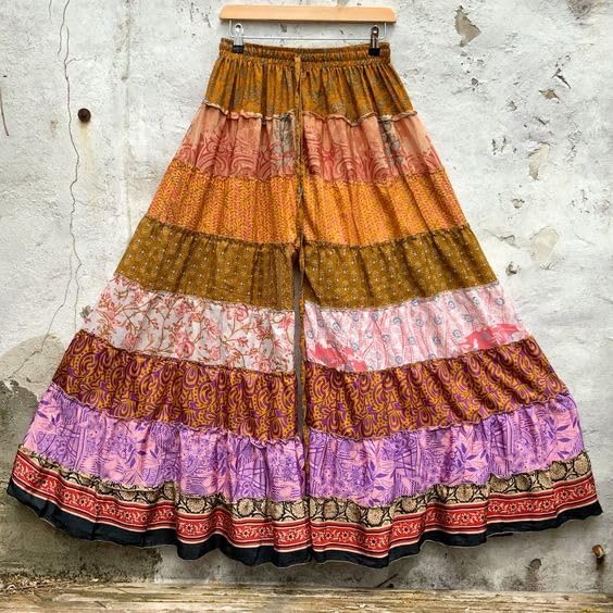 Recycled Sari Silk Wide Leg Patchwork Pants, Boho Hippie Skirt Pant for Women, Boho Hippie Patchwork Palazzo Pant,Elastic Waist (28-38 Inch) Silk Palazzo4