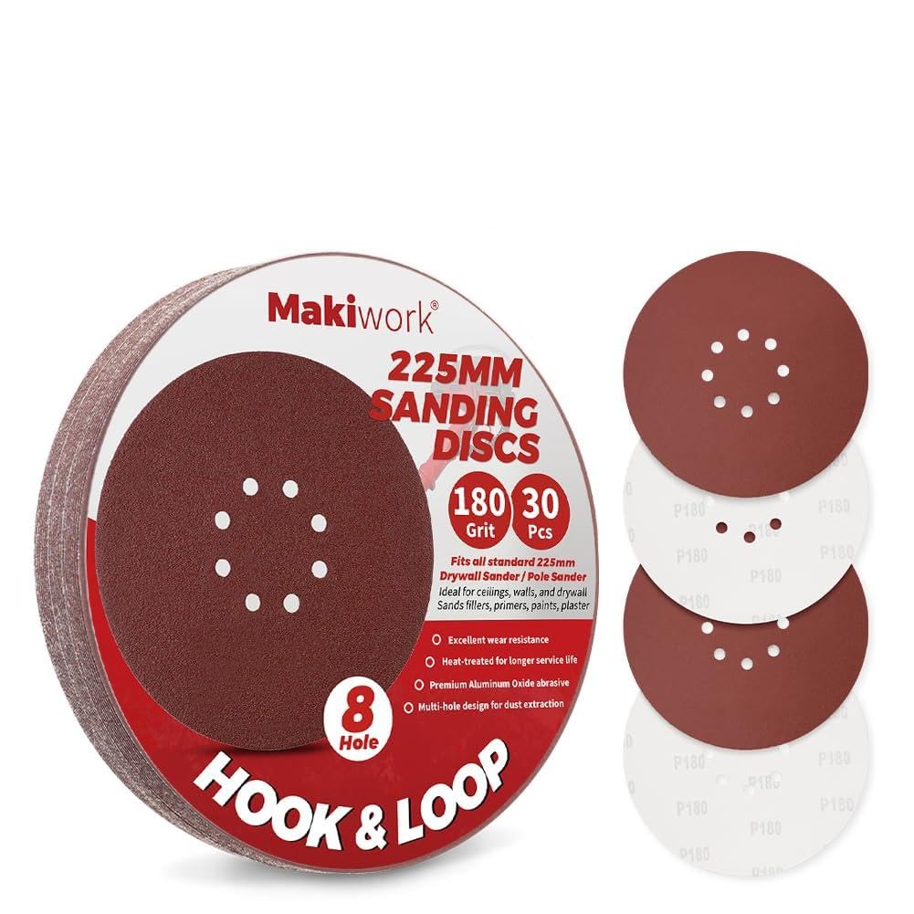 Makiwork 30PCS 225mm 8-Hole 180 Grit Hook & Loop Sanding Discs – Heavy-Duty Aluminum Oxide Sandpaper for Drywall Sander, Paint Removal, Wood & Metal Surface Prep