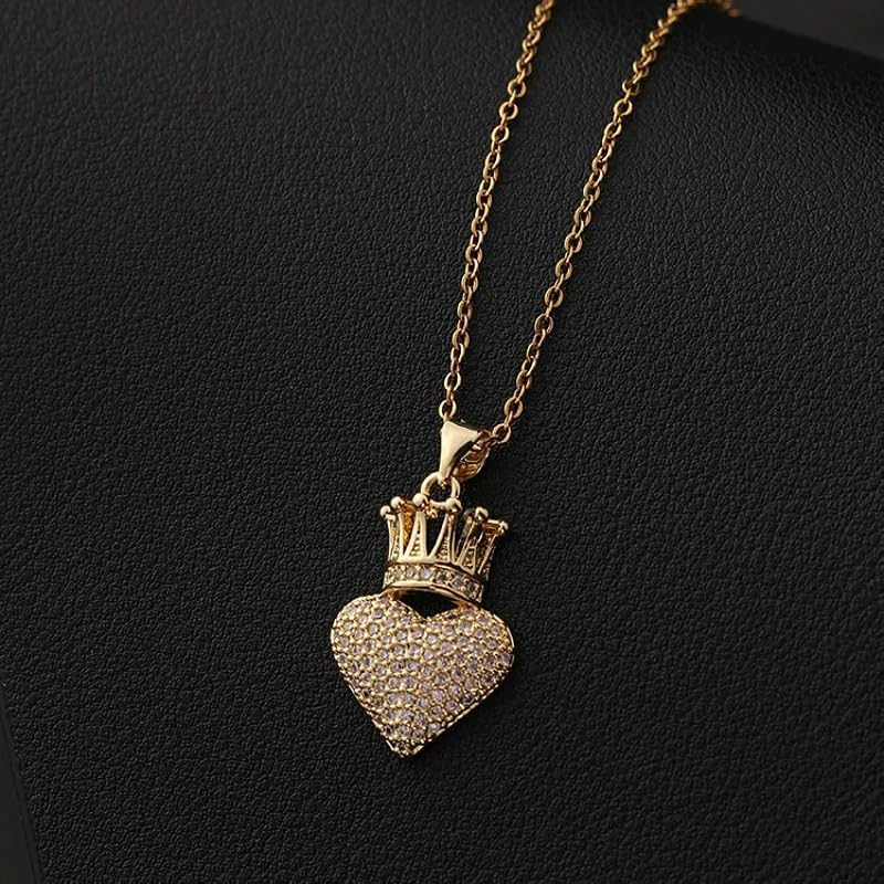 14K Yellow Gold Heart Crown Necklace - 14K Yellow Gold Royal Charm Crown Necklace with Chain for Women - Image 4