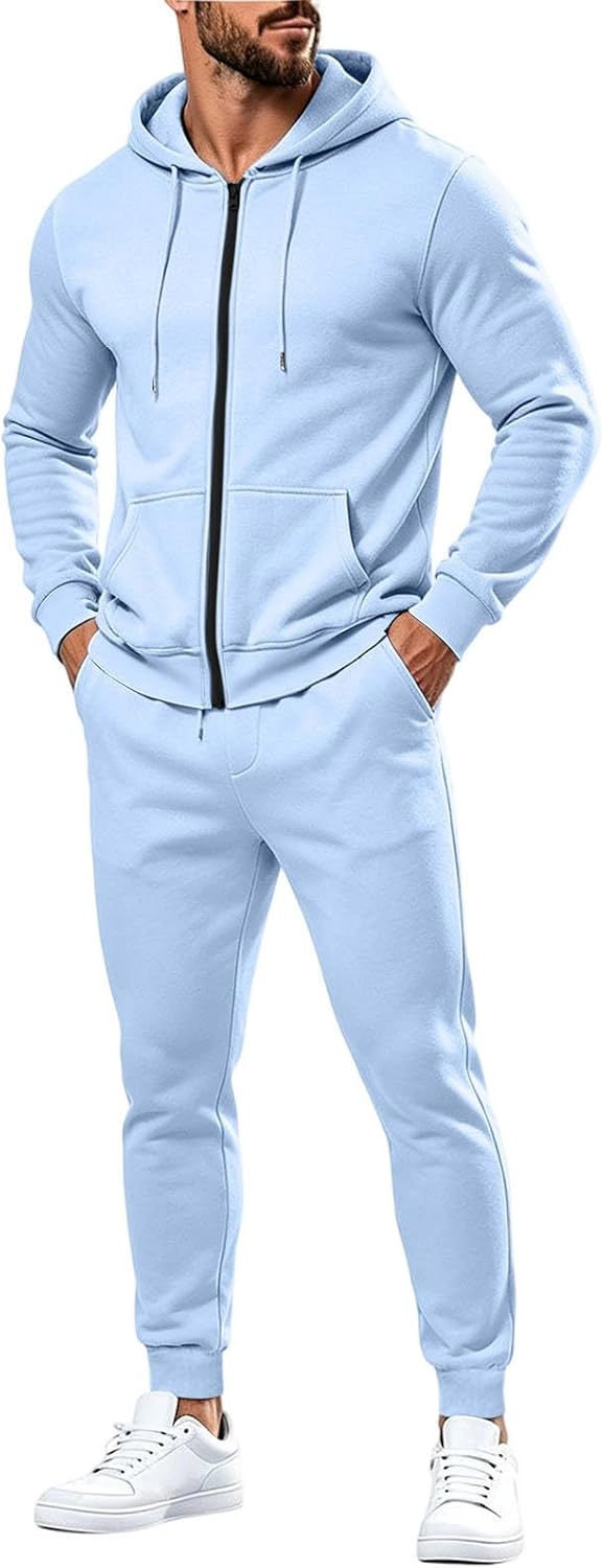 Men's Full Zip Hoodie Jogger Set 2 Piece Solid Casual Tracksuit