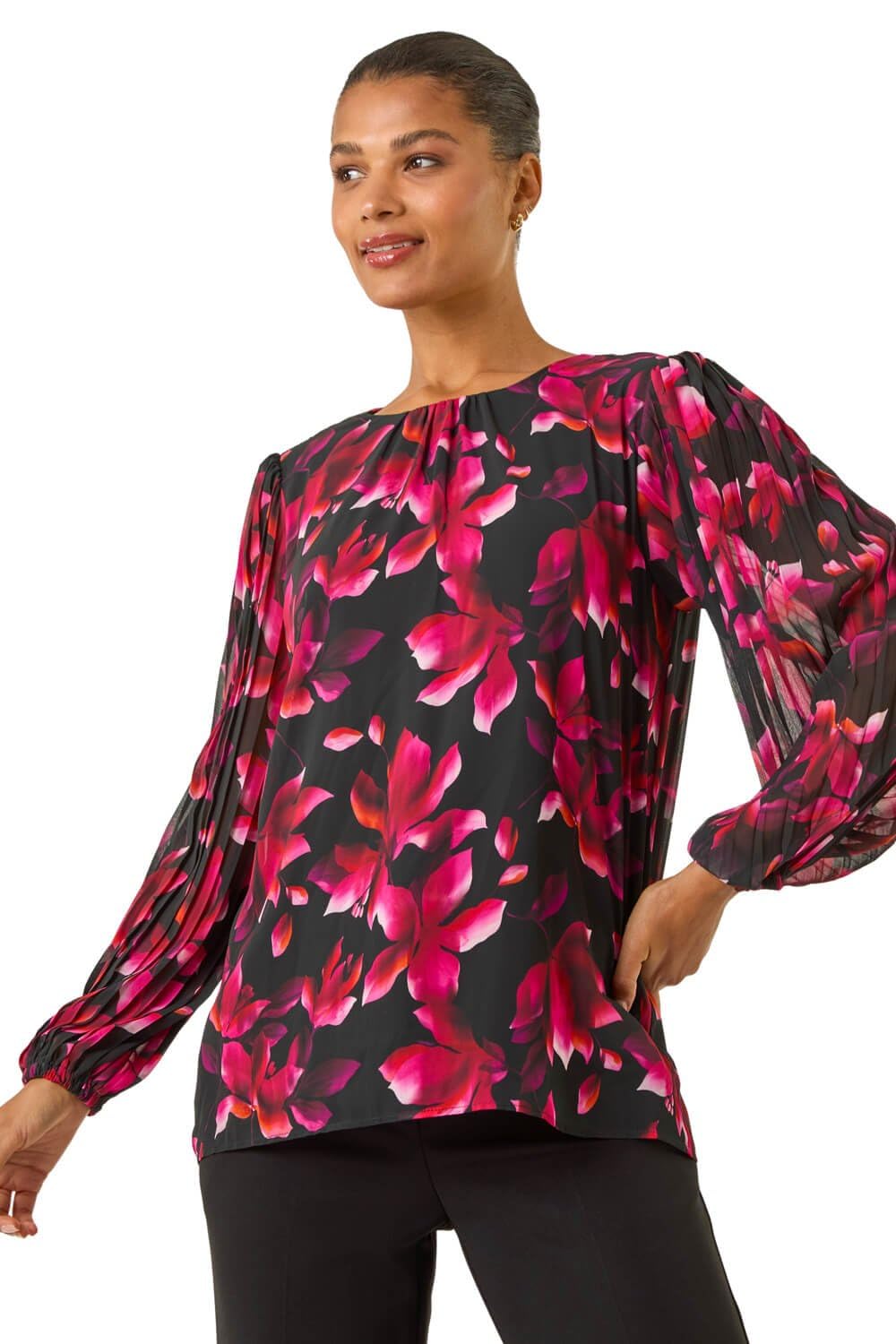 Roman Originals Women's Purple Spot Print Pleated Tunic Top For Uk - Everyday Autumn Winter Round Neckline Comfy Soft Evening Vacation Work Party Night Out - Size 20