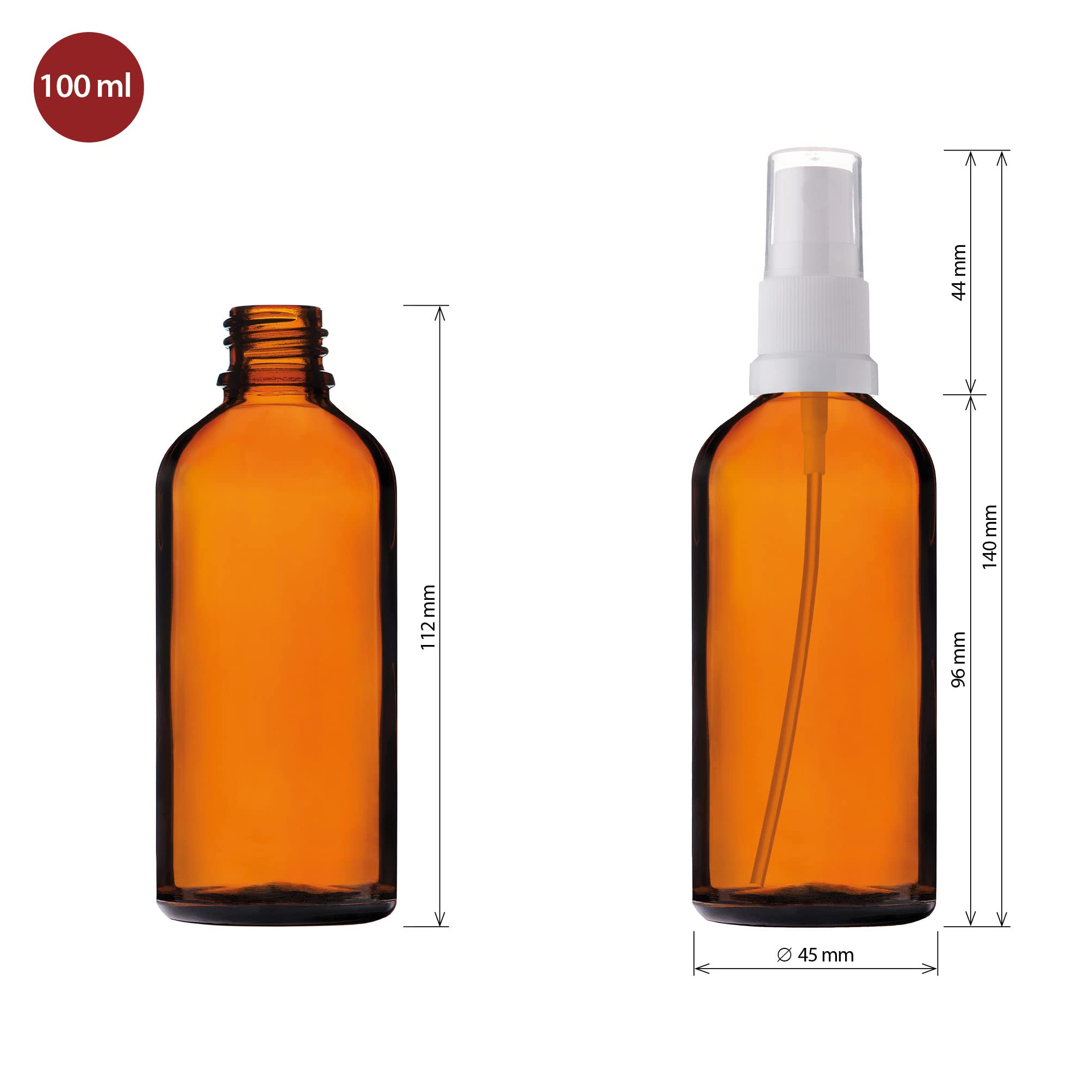 100 ml-6 piezas de frasco pulverizador de vidrio - Frascos de vidrio ámbar de farmacia con botella de spray de vidrio atomizador blanco de vidrio marrón, incluyendo 17 accesorios