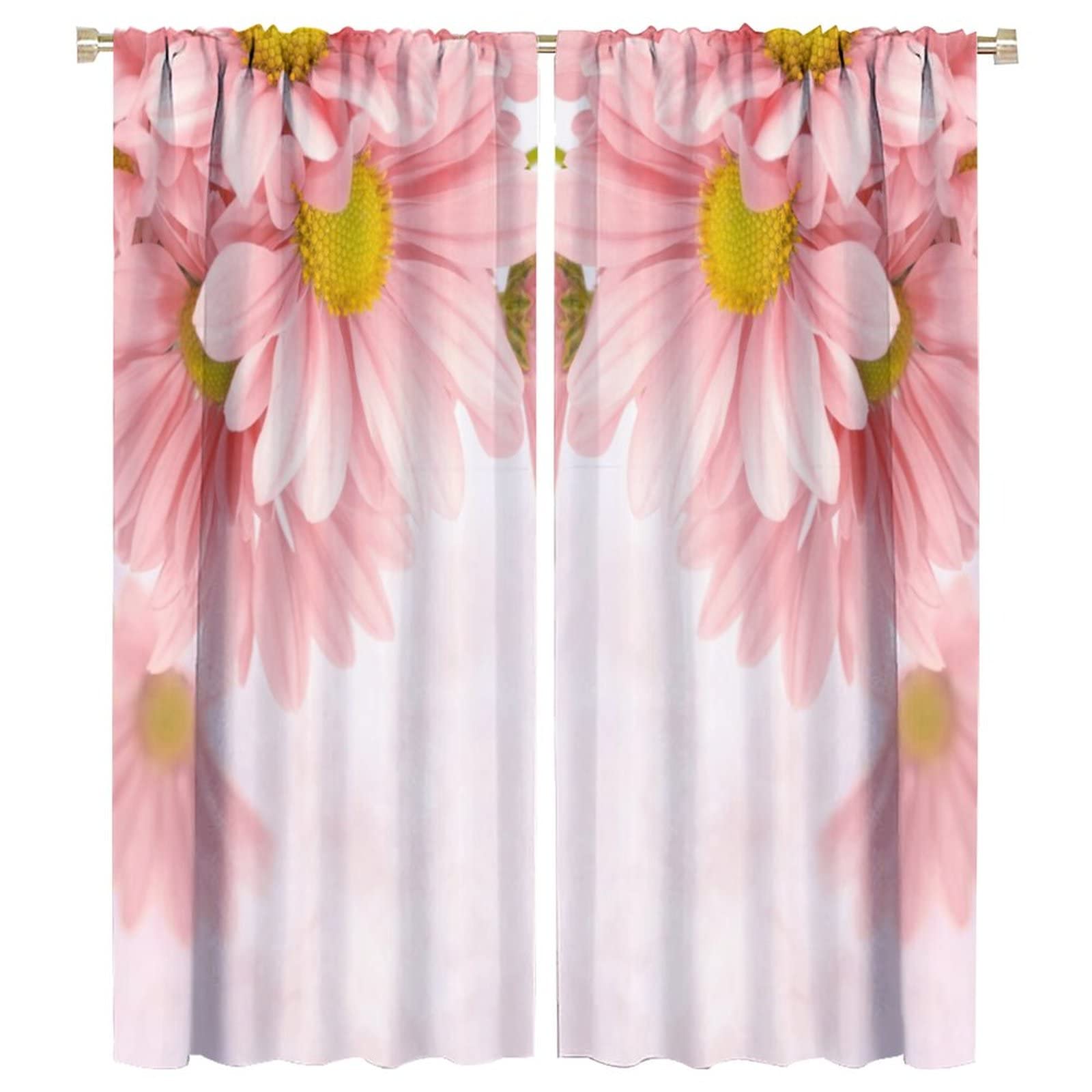 Pink Daisy Floral Bedroom Curtains,Farmhouse Country Beautiful Daisy Floral Flowers Theme Home Fabric Living Room Kitchen Bathroom Decor W42xL54in