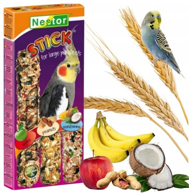 3x Cockatiel Parrots Treats PEANUTS/COCONUT/APPLES/BANANAS Flavors 3in1 Seed Sticks Large Parakeets Conures 175g Wild Bird Food Budgie Cockatoo Finches Snacks with Hooks Pack of Three