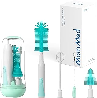 MOMMED Elektrisches Baby Flaschenbürsten Set, 360° drehbare Elektrische Flaschenbürste, Flaschenbürste Baby inklusive Silikon-Flaschen/Schnuller/Strohhalm Bürste und Rührstab, Wiederaufladbar, Grün
