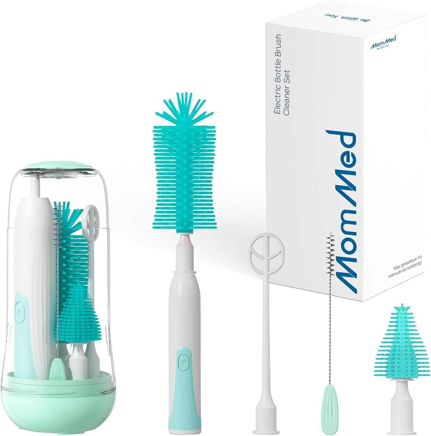 MOMMED Elektrisches Baby Flaschenbürsten Set, 360° drehbare Elektrische Flaschenbürste, Flaschenbürste Baby inklusive Silikon-Flaschen/Schnuller/Strohhalm Bürste und Rührstab, Wiederaufladbar, Grün