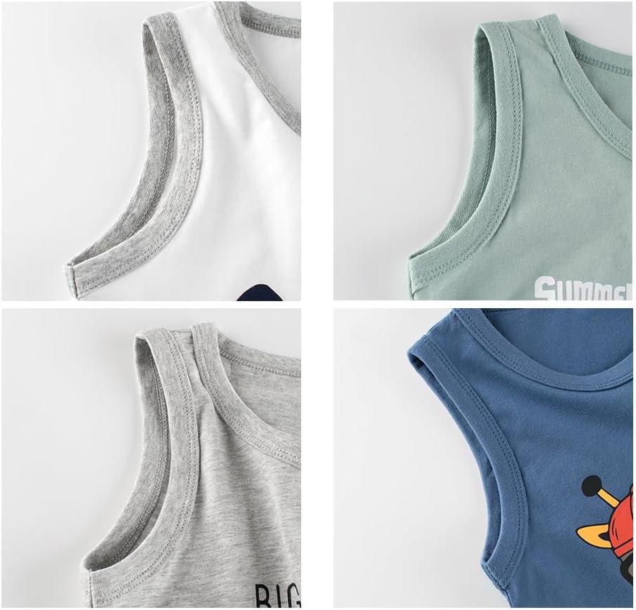 Boy Tank Top 3/4 Pack, Toddler Kids Cozy Cotton Undershirts Cartoon Print - Image 4