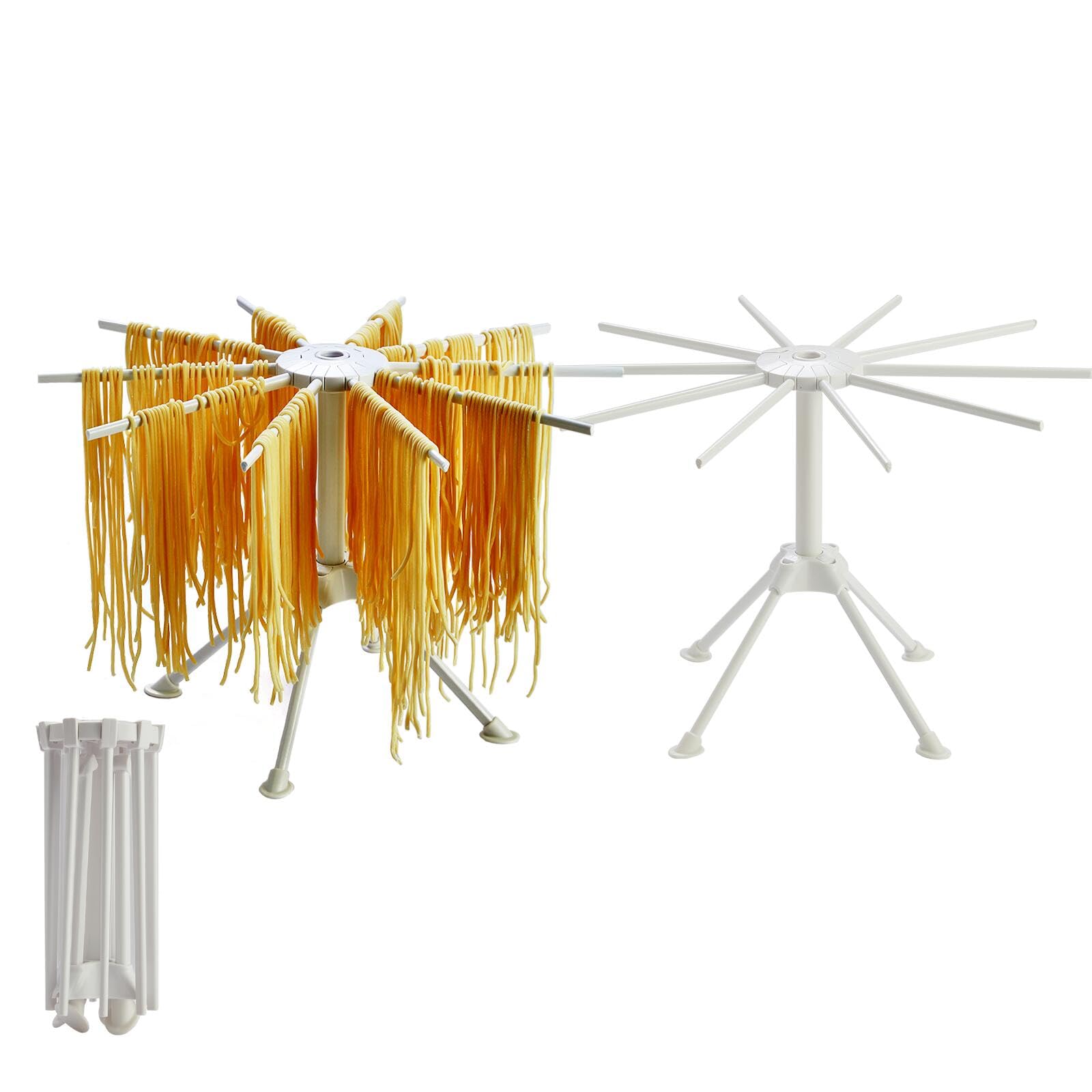 Paquete de 2 estantes plegables de secado de pasta, soporte de espaguetis frescos hechos en casa plegable para secar fideos para cocina con 10 brazos, color blanco