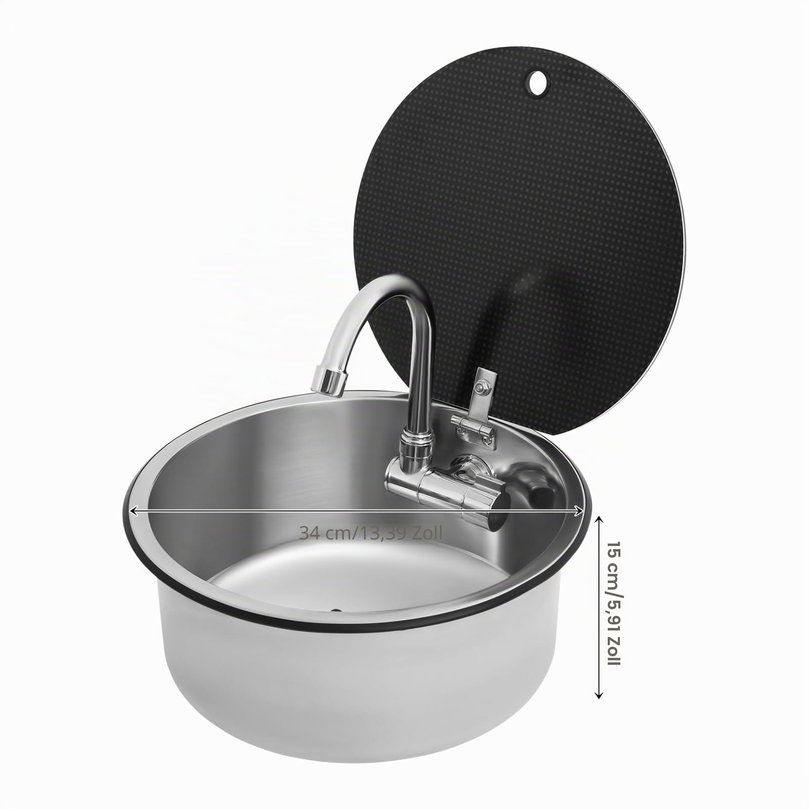 RV Rund Waschbecken Edelstahl Spültisch, Edelstahl Spülbecken Einzelne Schüssel Waschbecken mit Deckel Wasserhahn Abfluss, Spüle Einbauspüle für Küche Camping Wohnwagen