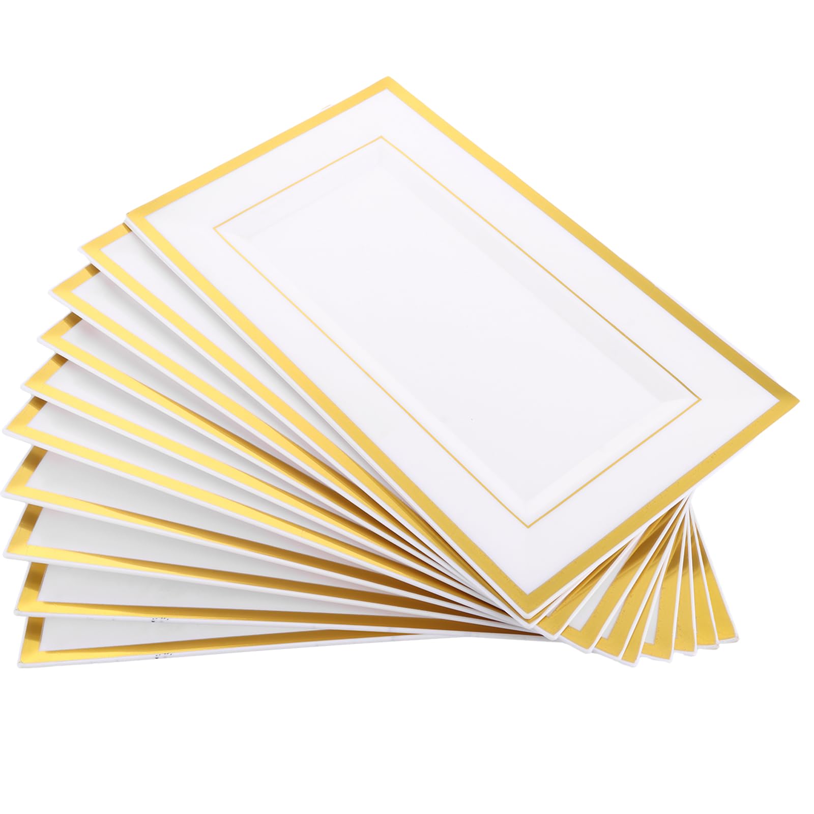 ASelected 10 PCS Elegant Plastic Serving Tray Platter Set,White Plastic Serving Platters with Gold Border,White&Gold Rim Hard Reusable Food Tray,Food Serving Trays for Buffet,Birthday,Wedding,Parties