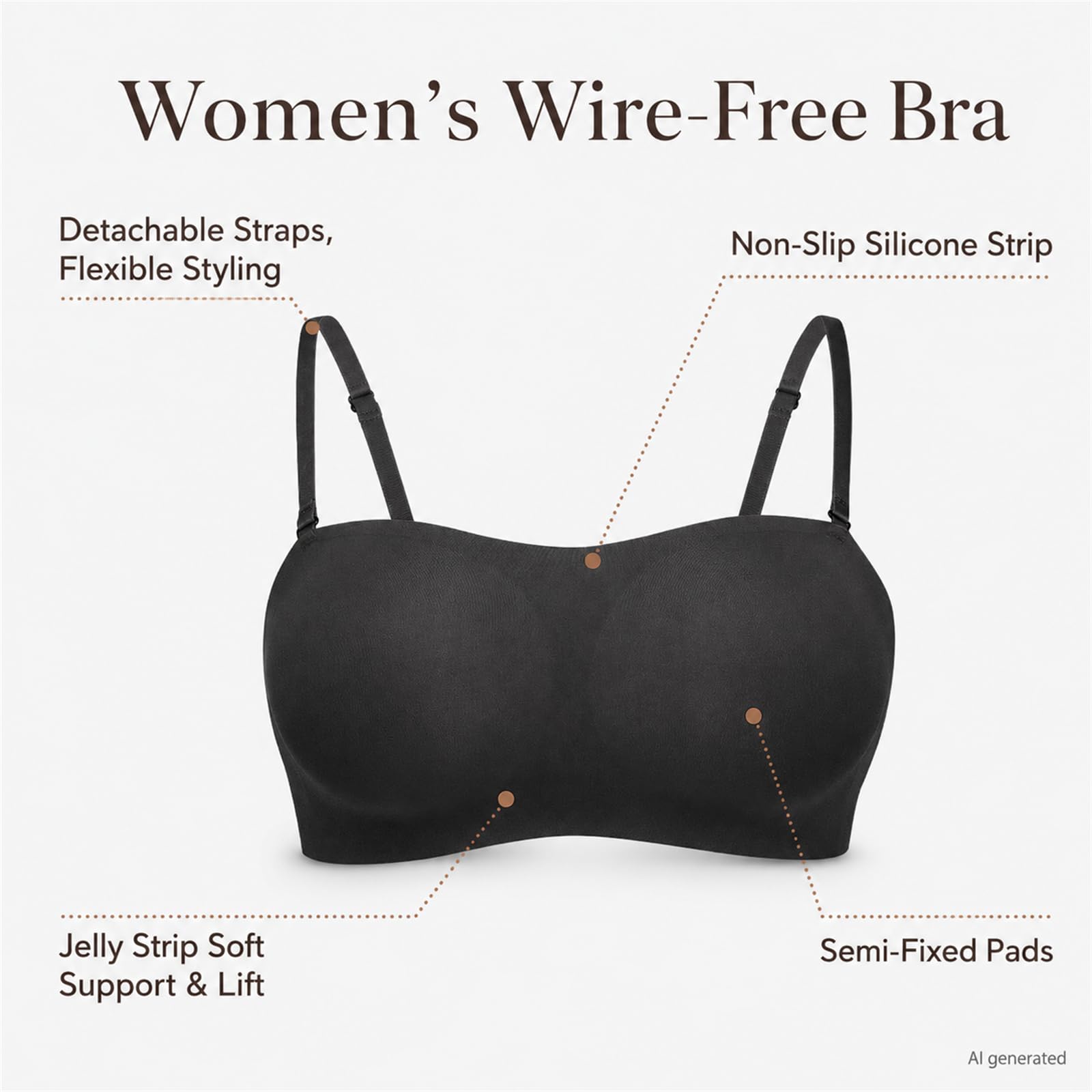 Reggiseno senza spalline senza spalline con supporto antiscivolo in | Cuscinetti semi-fissi, cinghie convertibili, quattro ganci posteriori di fila, liscio sotto i vestiti