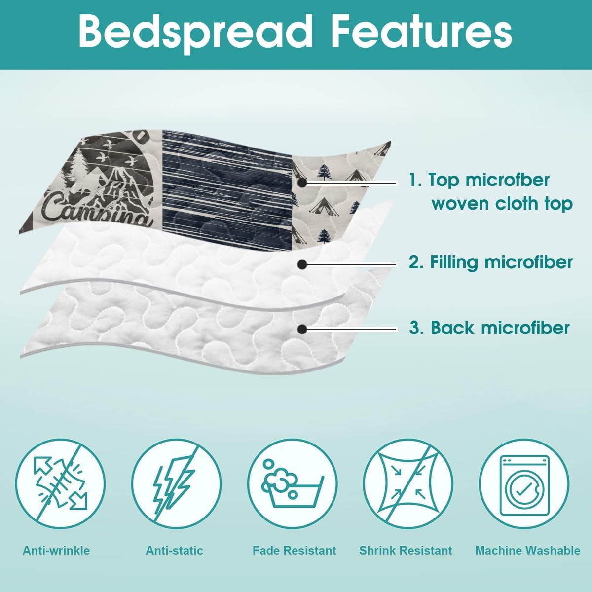 Lets Go Camping Blue Pattern Quilt Bed Set and Pillow Cover, King Queen Double Twin Throw Full Size Bedspread Bed Sets for Girl Women Camping Lovers