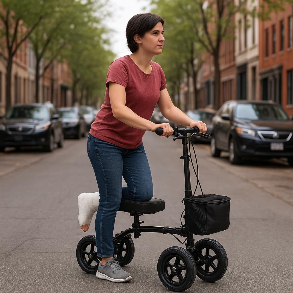 Patinete de Rodilla Todoterreno con Ruedas XL, Cesta Extraíble, Frenos Dobles y Manillar Ajustable, Recuperación de Lesiones en Tobillo y Pie, Peso Máximo 136 Kg