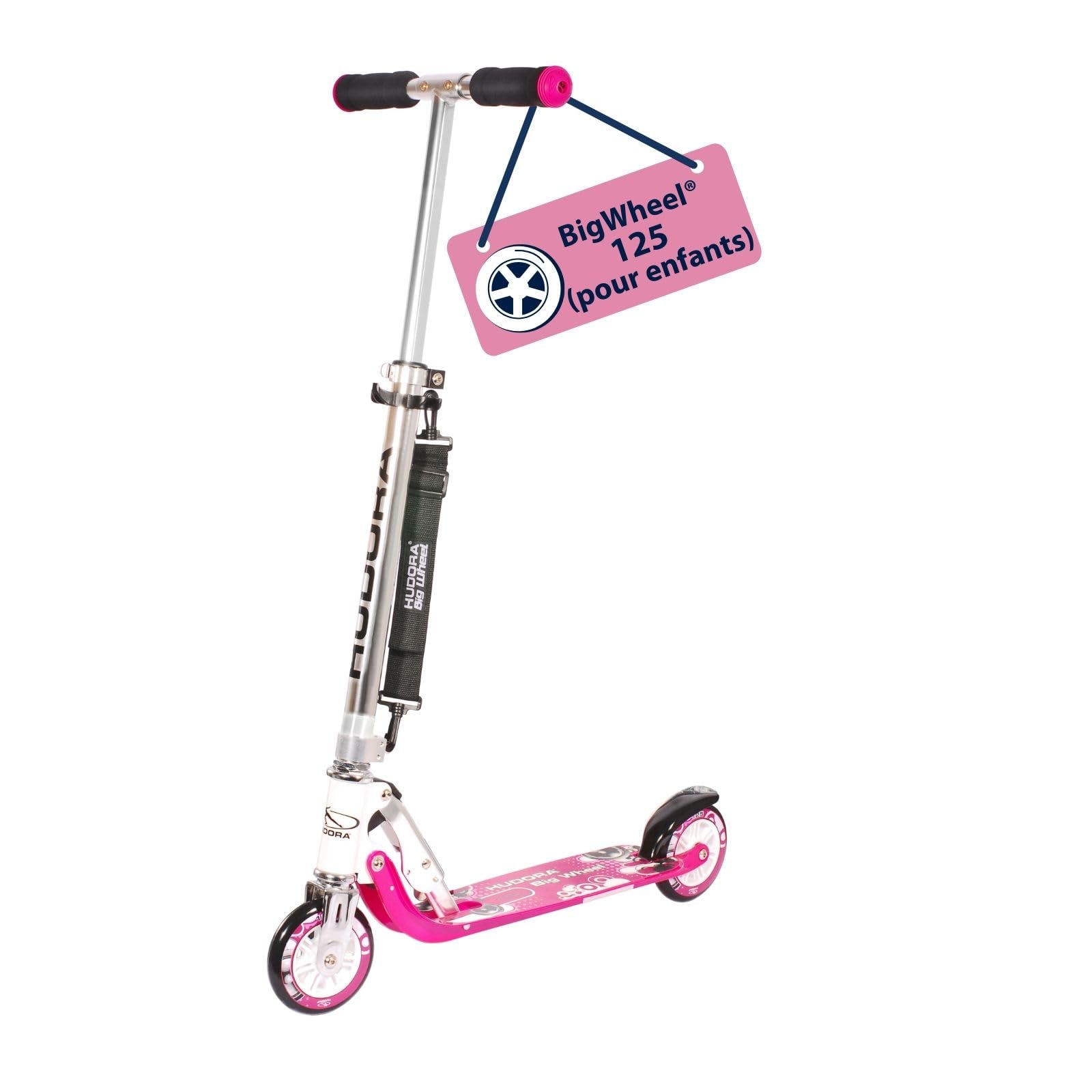 HUDORA BigWheel Scooter 125 - rose - Trottinette en aluminium sûre et de haute qualité pour enfants - Réglable en hauteur pour jusqu'à 100kg - Trottinette pliable stable avec sangle de transport