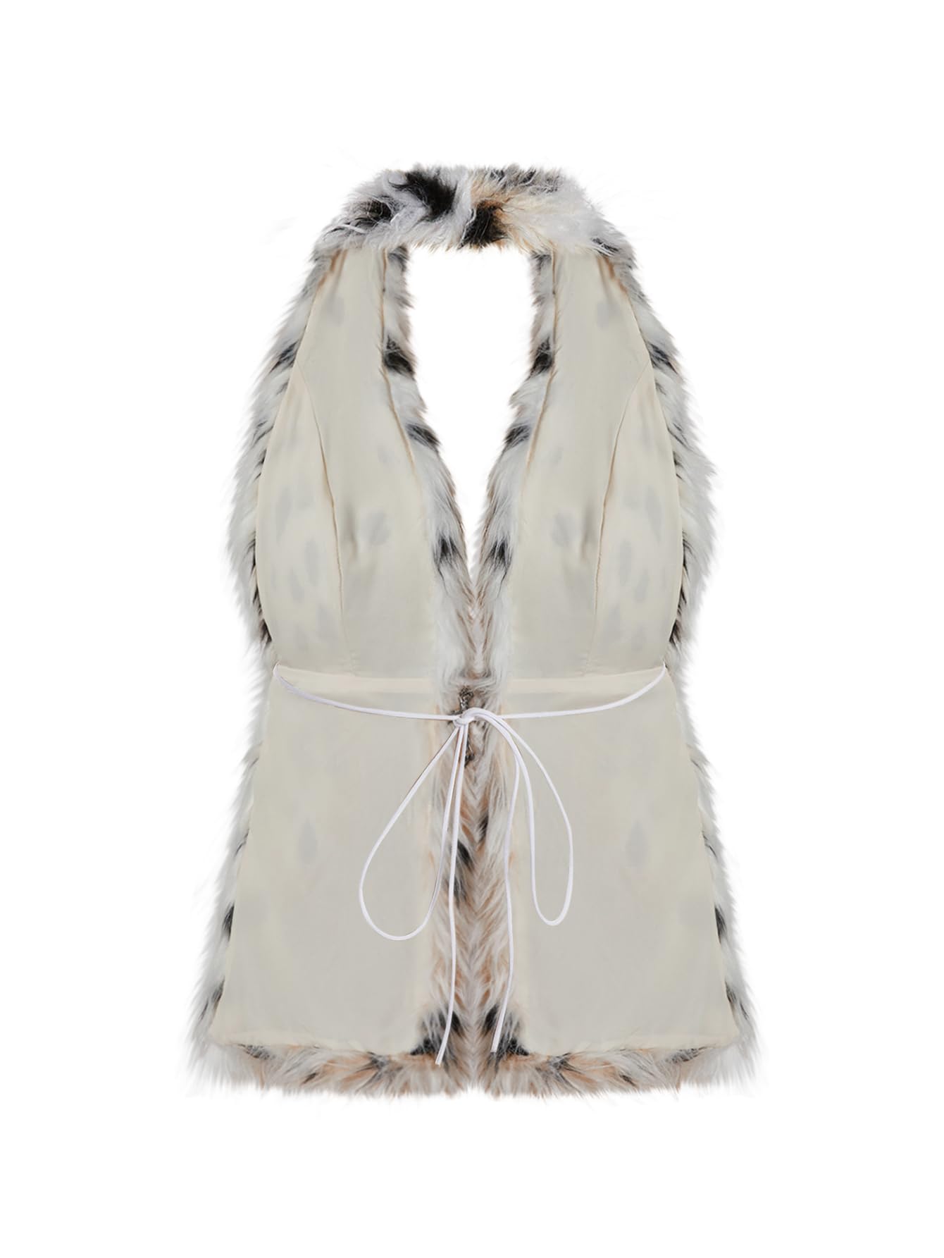WDIRARA Women's Faux Fur Halter Vest Sleeveless Tie Backless Fuzzy Tank Top Rave Party Sexy Y2K: Medium Beige Cheetah