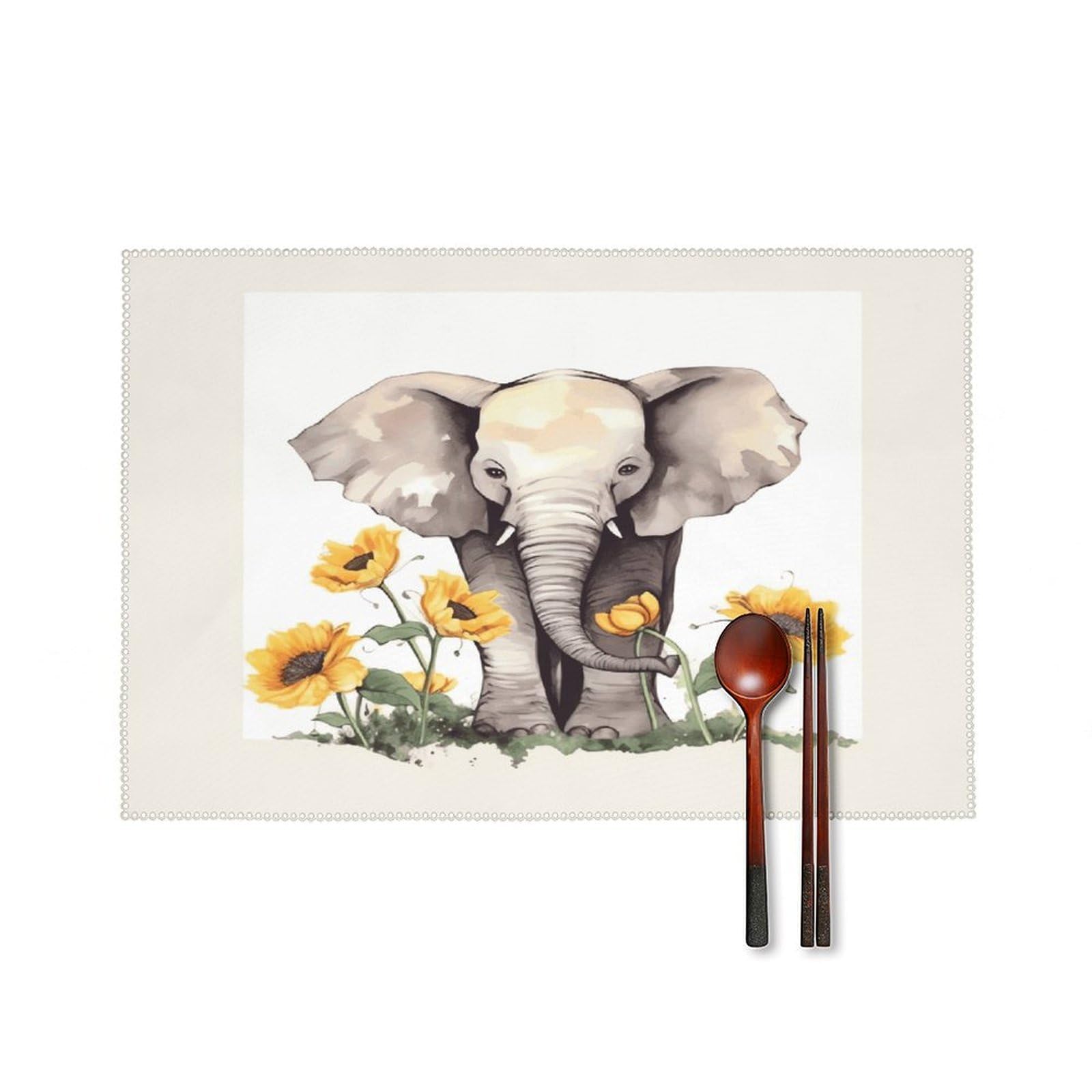 Elephant and Sunflower Placemat Set of 6,Thickened Non-Slip Place Mats Heat Resistant Reversible Table Mats Resistant Washable Place Mat for Kitchen Dining Table Decoration Indoor