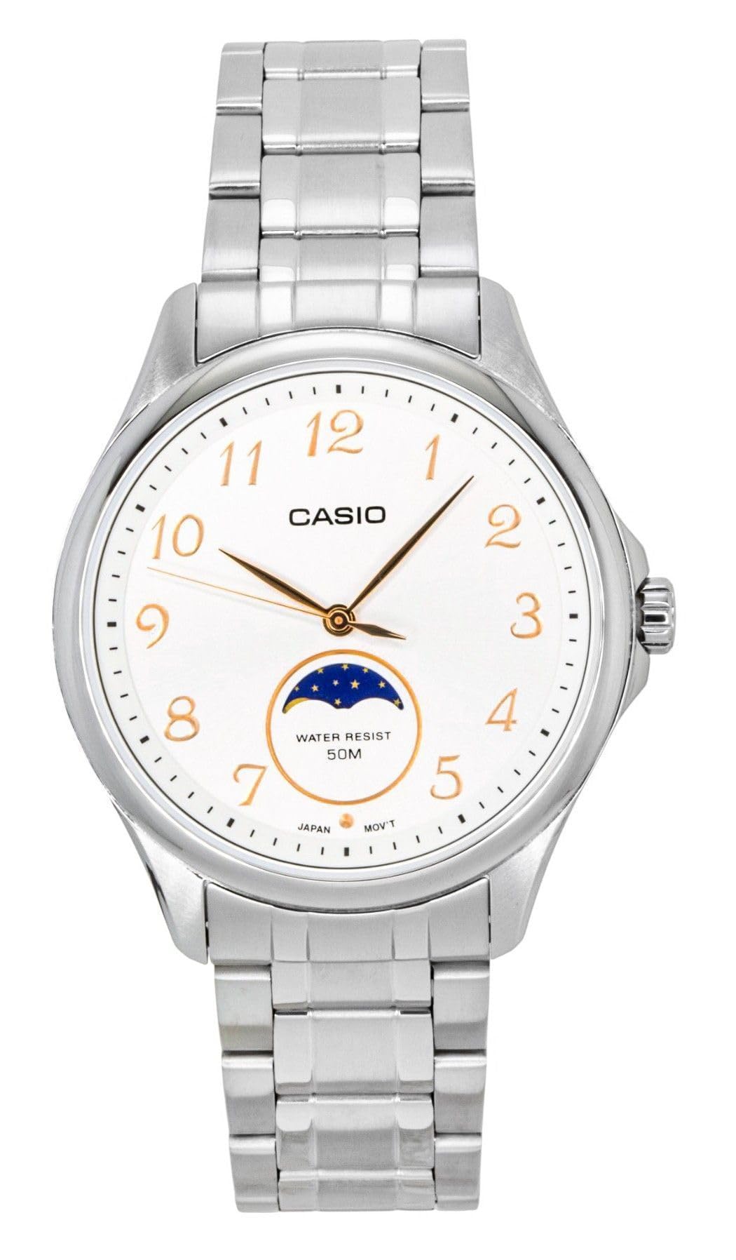 Casio MTP-M110D-7AV Orologio analogico con indicatore fasi lunari, bracciale in acciaio inossidabile, resistenza all'acqua 50M, movimento giapponese