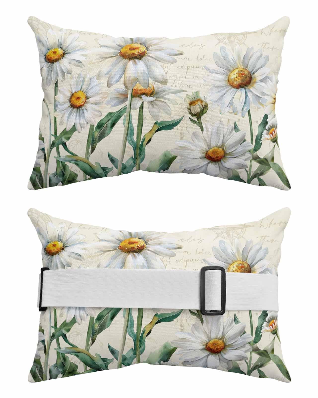 Beige Daisy Floral Outdoor Waterproof Pillows for Recliner Chaise Lounge Chair, Retro Elegant Botanical Flower Farmhouse Lumbar Pillows with Inserts & Elastic Band for Patio Beach 1 Pack-11x16 In