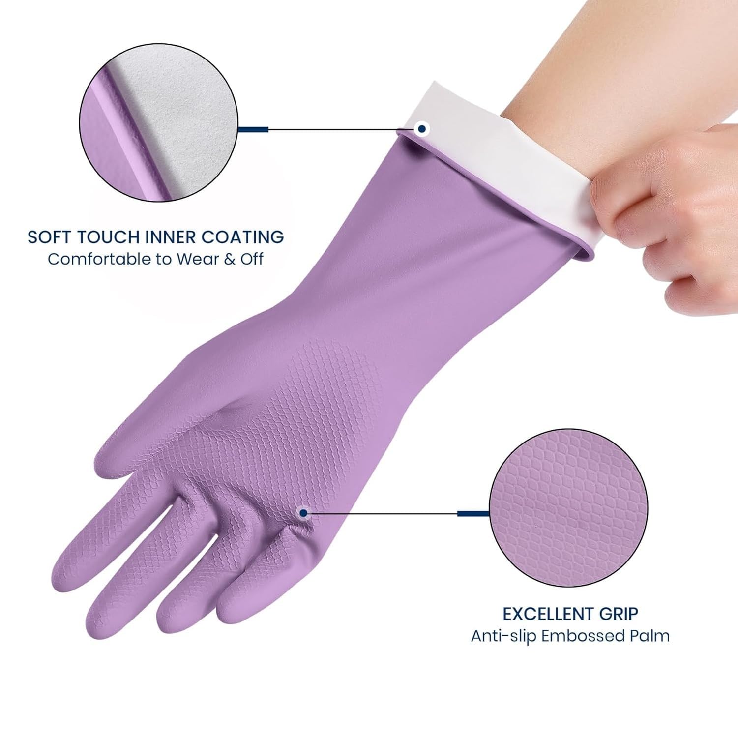 Guanti in Gomma per Lavare Piatti, 4 Paia di Guanti riutilizzabili per Pulizie domestiche, Guanti Colorati con Rivestimento spalmato e Presa Antiscivolo, 3-Purple, G