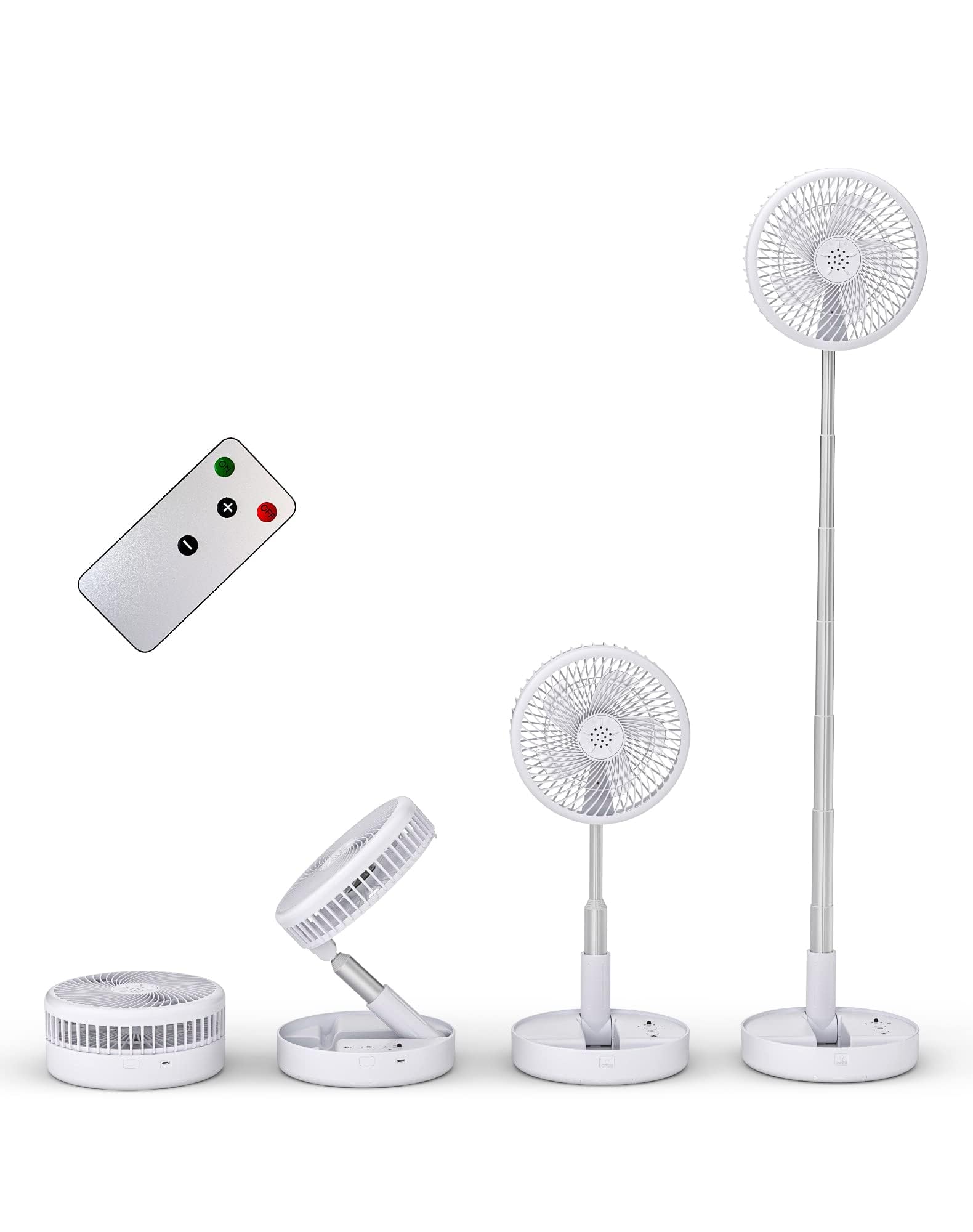 Primevolve Ventilador de Pie Portátil con Remoto,NO-Rotación-8'' Plegable Suelo/Mesa Ajustable,7200mAh USB C Ventilador para Viajes Camping,Silencioso para Dormitorio Oficina ventilador-Blanco