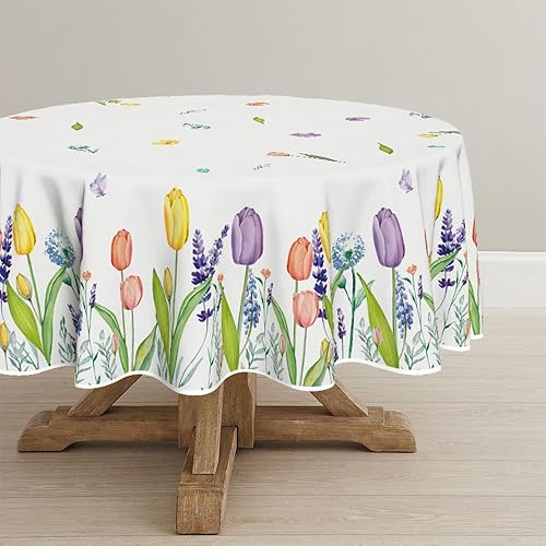 Miniatura 2 de Horaldaily Mantel redondo de primavera y verano de 70 x 70 pulgadas, diseño de flores silvestres de acuarela de Pascua, tulipán, lavanda,