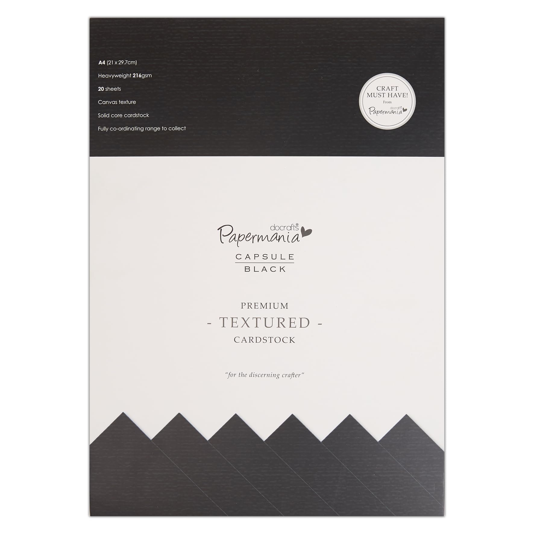 Papermania Premium Textured Cardstock, 20 Sheets, Black A4 (21 x 29.7cm), 216gsm, Canvas for Card Making & Craft Projects, Scrapbook Supplies, Art & Craft Supplies